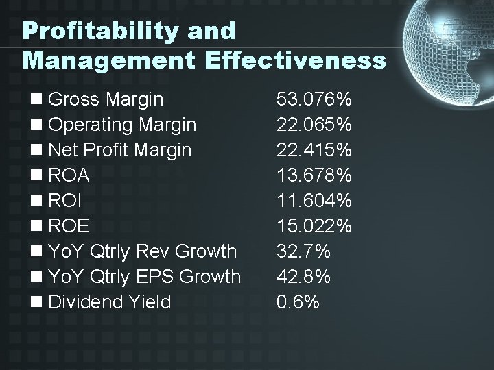 Profitability and Management Effectiveness n Gross Margin n Operating Margin n Net Profit Margin