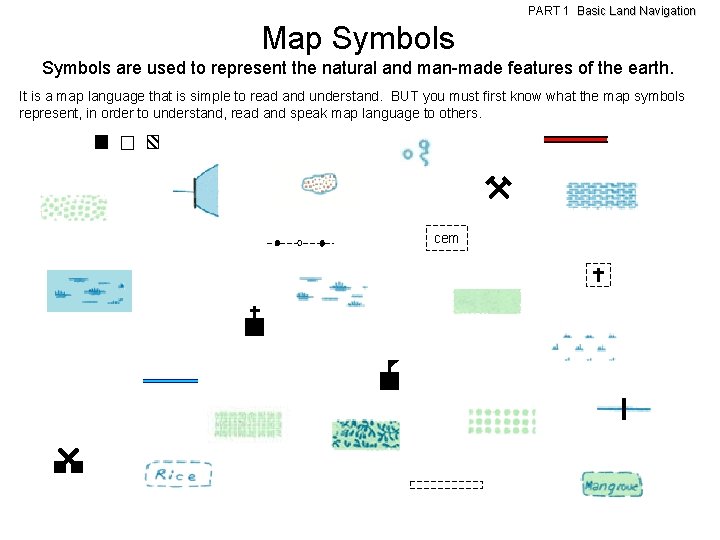 PART 1 Basic Land Navigation Map Symbols are used to represent the natural and