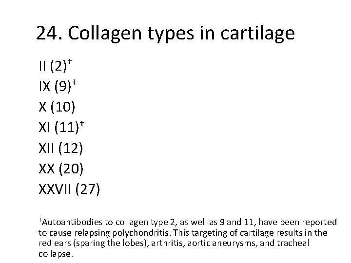 24. Collagen types in cartilage II (2)† IX (9)† X (10) XI (11)† XII