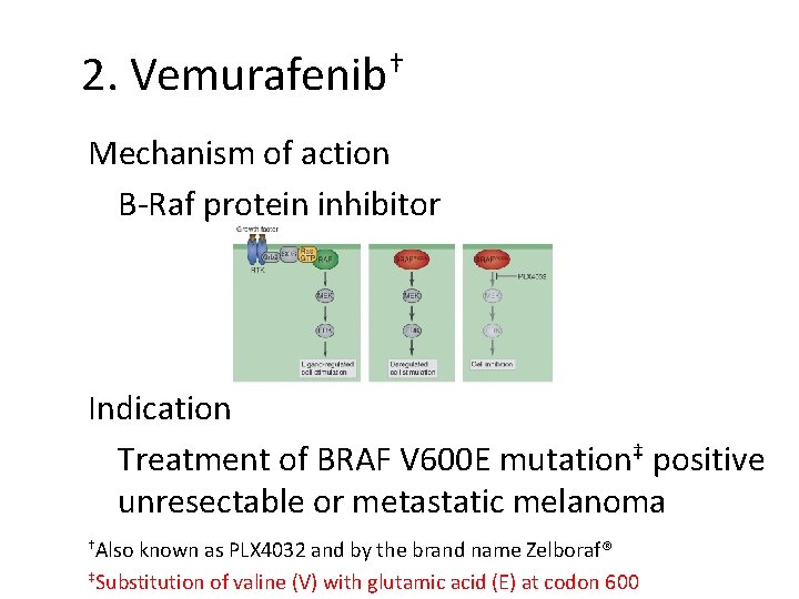 2. Vemurafenib† Mechanism of action B-Raf protein inhibitor Indication Treatment of BRAF V 600