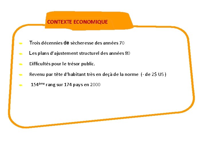 CONTEXTE ECONOMIQUE Trois décennies de sècheresse des années 70 Les plans d’ajustement structurel des