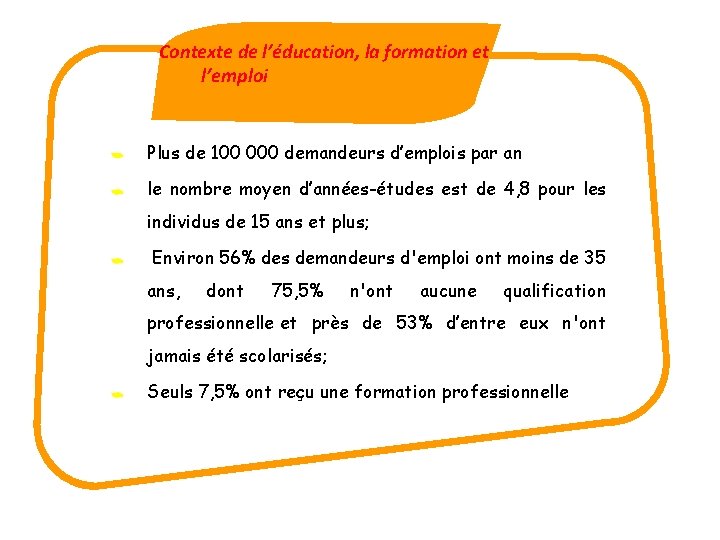 Contexte de l’éducation, la formation et l’emploi Plus de 100 000 demandeurs d’emplois par