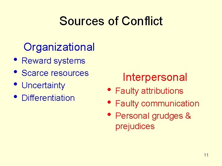 Sources of Conflict • • Organizational Reward systems Scarce resources Uncertainty Differentiation • •