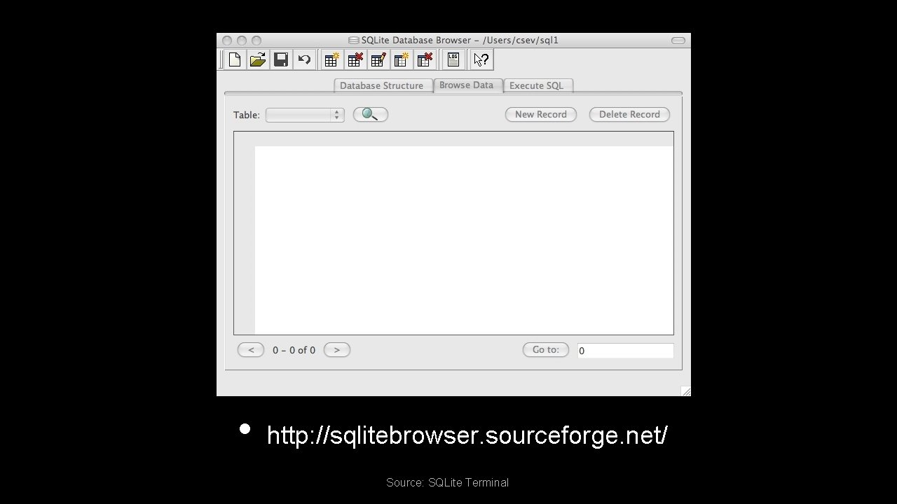 • http: //sqlitebrowser. sourceforge. net/ Source: SQLite Terminal • http: //sqlitebrowser. sourceforge. net/ Source: SQLite Terminal
