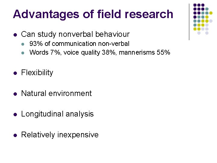 Advantages of field research l Can study nonverbal behaviour l l 93% of communication