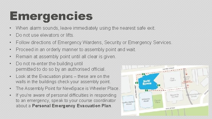 Emergencies • • • When alarm sounds, leave immediately using the nearest safe exit.