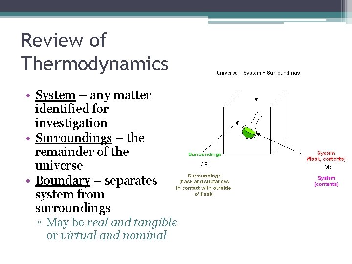 Review of Thermodynamics • System – any matter identified for investigation • Surroundings –