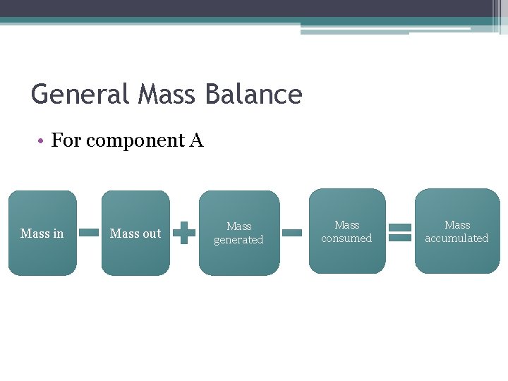 General Mass Balance • For component A Mass in Mass out Mass generated Mass