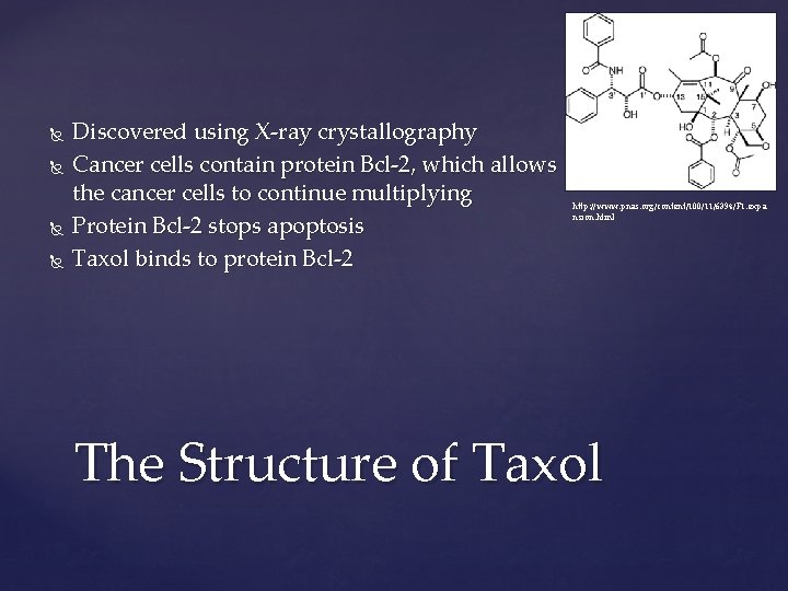  Discovered using X-ray crystallography Cancer cells contain protein Bcl-2, which allows the cancer