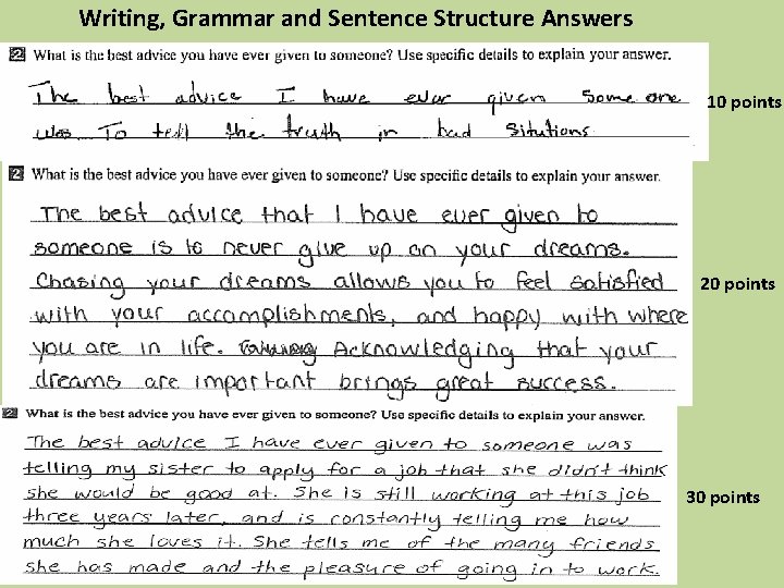 Writing, Grammar and Sentence Structure Answers 10 points 20 points 30 points 