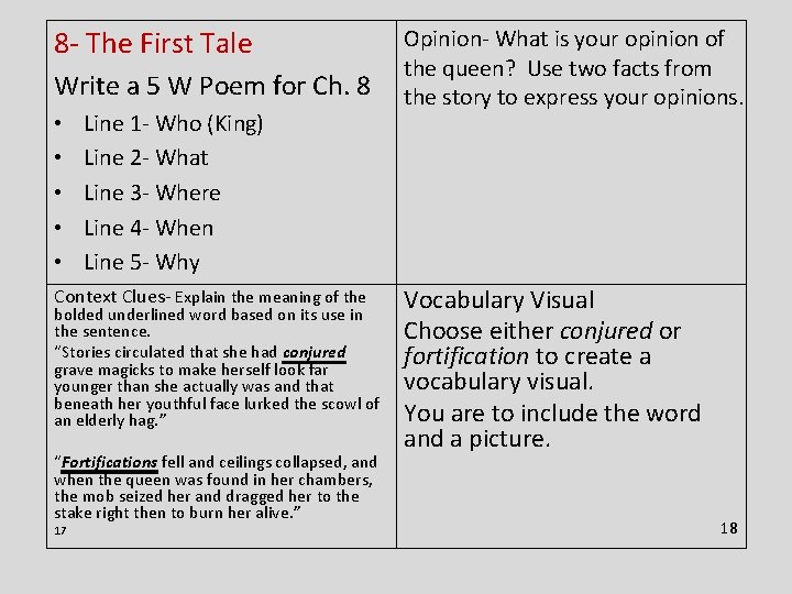8 - The First Tale Write a 5 W Poem for Ch. 8 •