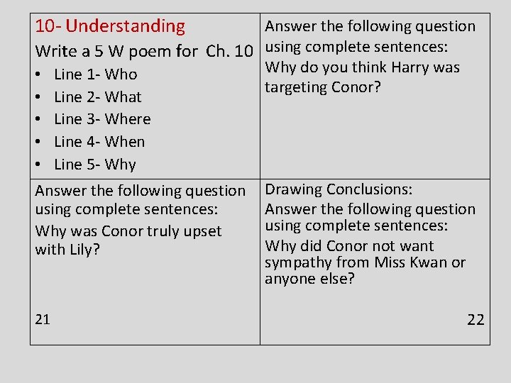 10 - Understanding Answer the following question Write a 5 W poem for Ch.