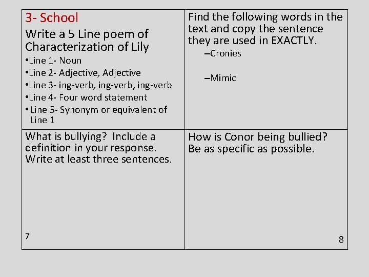 3 - School Write a 5 Line poem of Characterization of Lily • Line