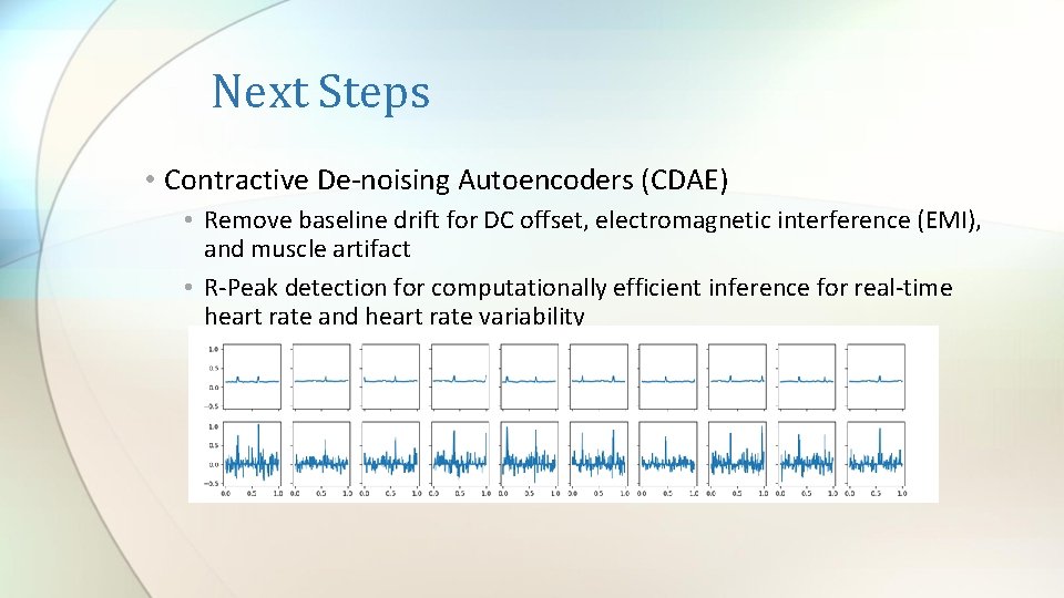 Next Steps • Contractive De-noising Autoencoders (CDAE) • Remove baseline drift for DC offset,