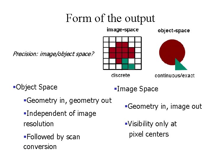 Form of the output Precision: image/object space? §Object Space §Geometry in, geometry out §Independent