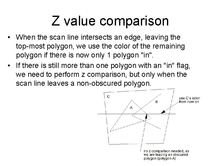 Z value comparison • When the scan line intersects an edge, leaving the top-most