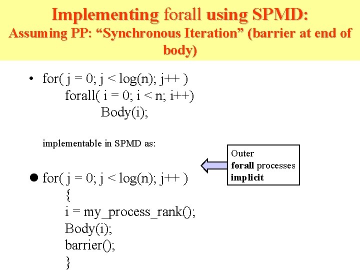 Implementing forall using SPMD: Assuming PP: “Synchronous Iteration” (barrier at end of body) • Implementing forall using SPMD: Assuming PP: “Synchronous Iteration” (barrier at end of body) •