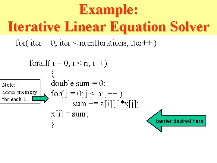 Example: Iterative Linear Equation Solver for( iter = 0; iter < num. Iterations; iter++ Example: Iterative Linear Equation Solver for( iter = 0; iter < num. Iterations; iter++