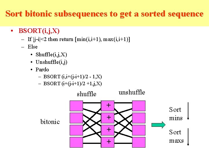 Sort bitonic subsequences to get a sorted sequence • BSORT(i, j, X) – If Sort bitonic subsequences to get a sorted sequence • BSORT(i, j, X) – If