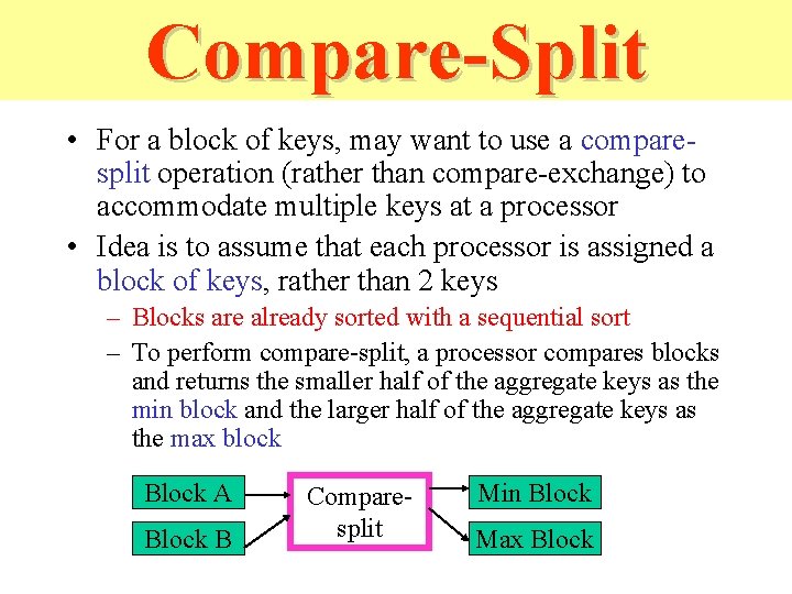 Compare-Split • For a block of keys, may want to use a comparesplit operation Compare-Split • For a block of keys, may want to use a comparesplit operation