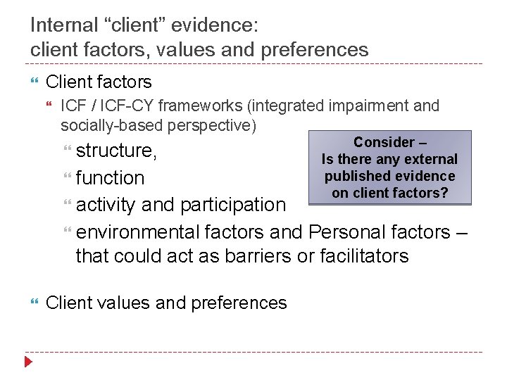 Internal “client” evidence: client factors, values and preferences Client factors ICF / ICF-CY frameworks