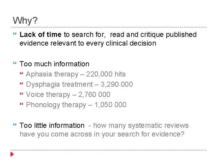 Why? Lack of time to search for, read and critique published evidence relevant to