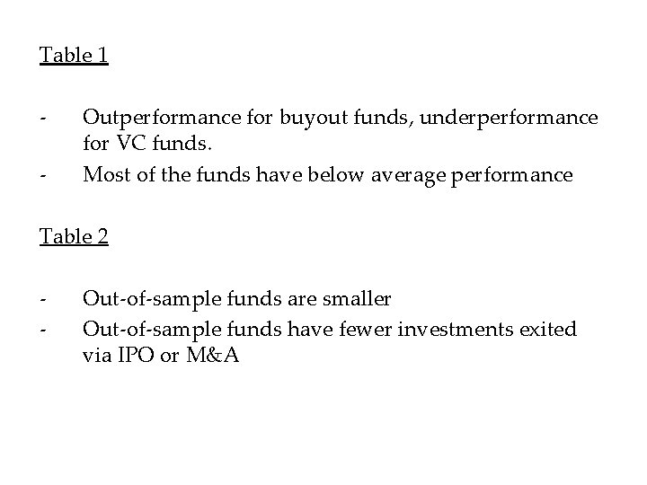 Table 1 - Outperformance for buyout funds, underperformance for VC funds. Most of the