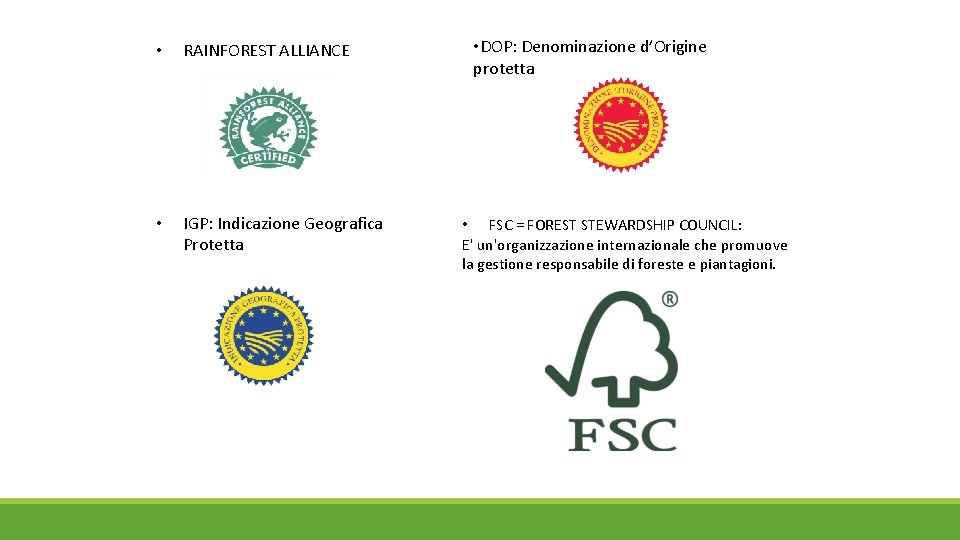  • RAINFOREST ALLIANCE • IGP: Indicazione Geografica Protetta • DOP: Denominazione d’Origine protetta