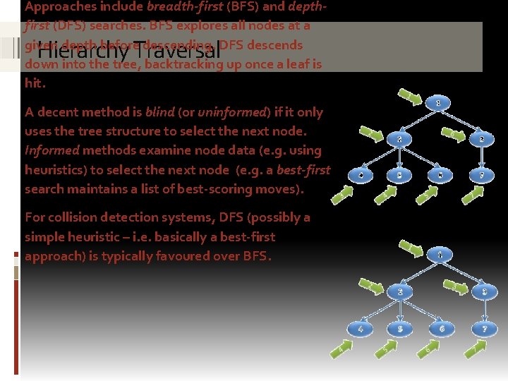 Approaches include breadth-first (BFS) and depthfirst (DFS) searches. BFS explores all nodes at a