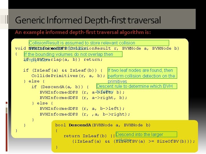 Generic Informed Depth-first traversal An example informed depth-first traversal algorithm is: Collision. Result is