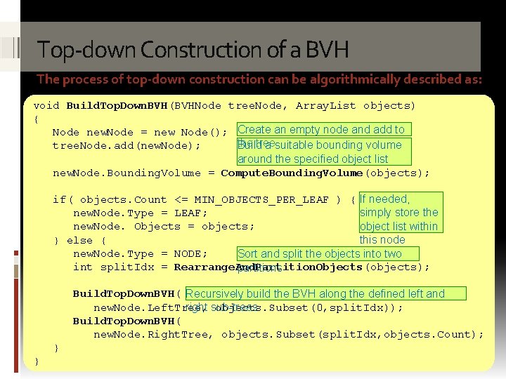 Top-down Construction of a BVH The process of top-down construction can be algorithmically described