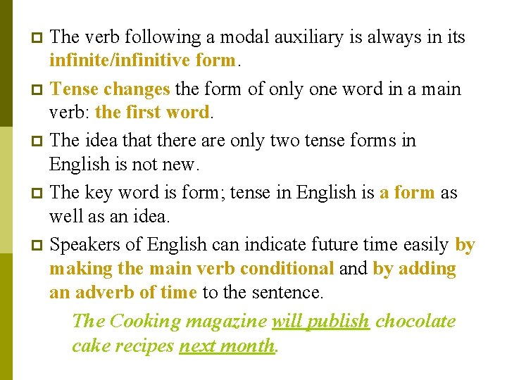 The verb following a modal auxiliary is always in its infinite/infinitive form. p Tense