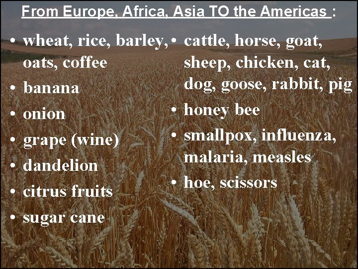 From Europe, Africa, Asia TO the Americas : • wheat, rice, barley, • oats,