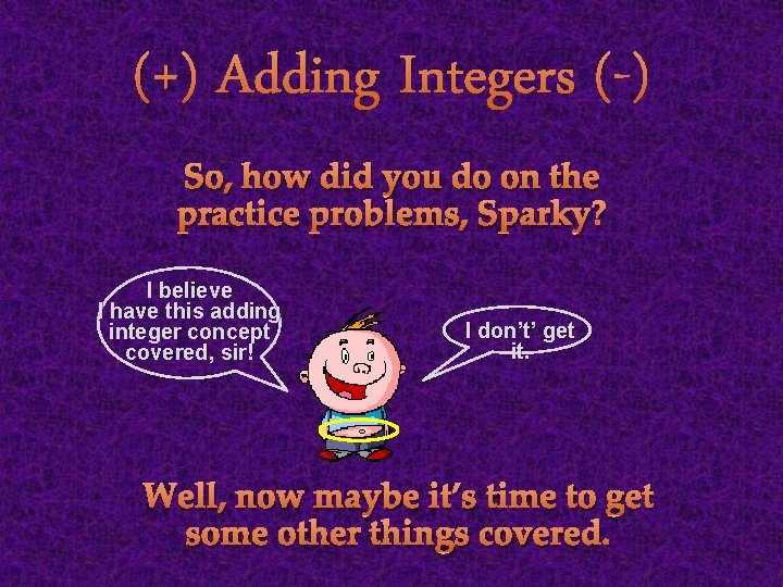 (+) Adding Integers (-) So, how did you do on the practice problems, Sparky?