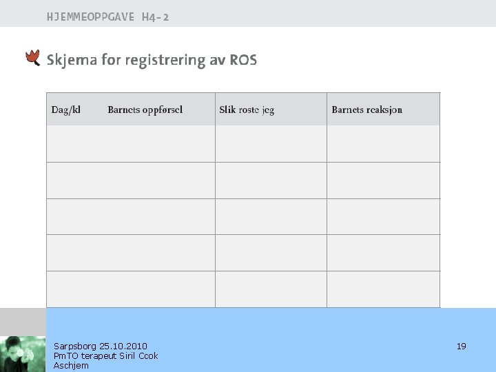 Sarpsborg 25. 10. 2010 Pm. TO terapeut Siril Ccok Aschjem 19 