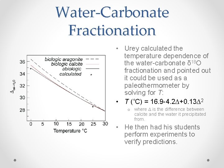 Water-Carbonate Fractionation • Urey calculated the temperature dependence of the water-carbonate δ 18 O