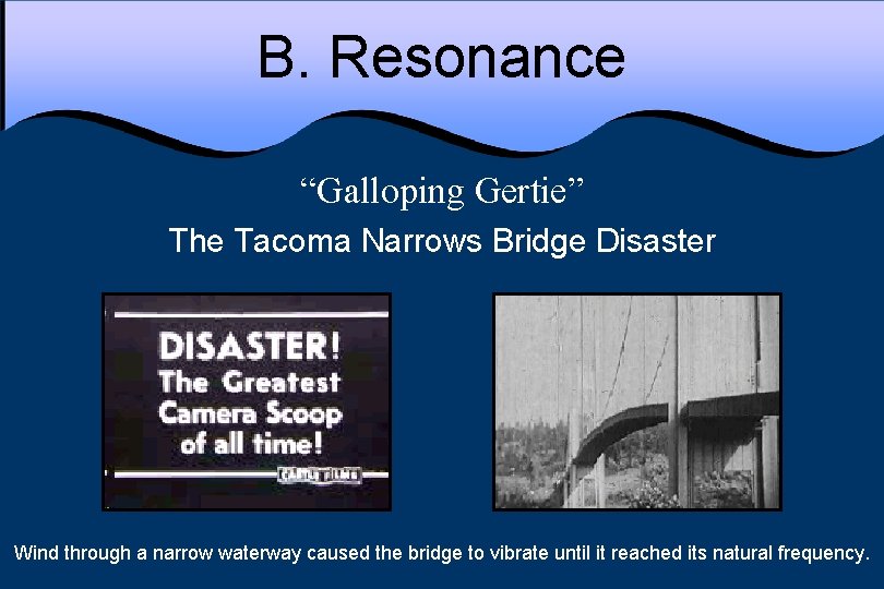 B. Resonance “Galloping Gertie” The Tacoma Narrows Bridge Disaster Wind through a narrow waterway