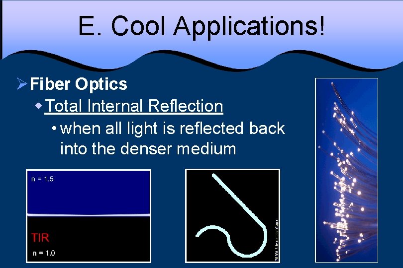 E. Cool Applications! ØFiber Optics w Total Internal Reflection • when all light is