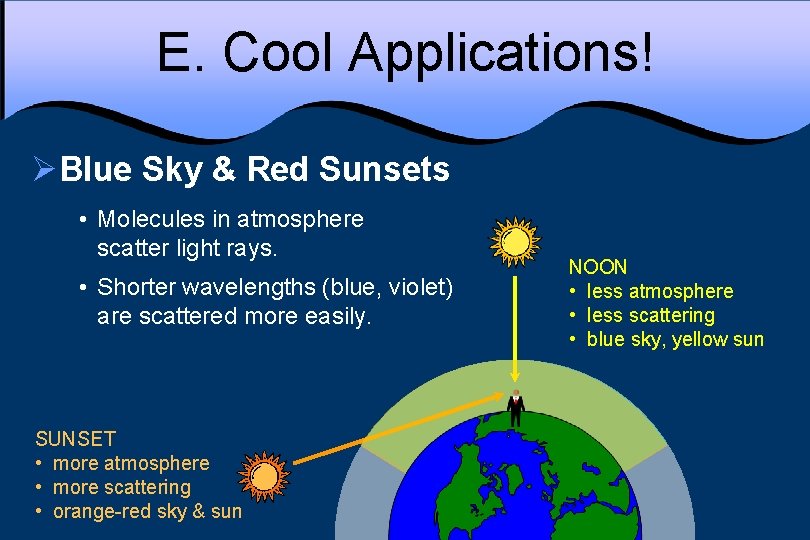 E. Cool Applications! ØBlue Sky & Red Sunsets • Molecules in atmosphere scatter light