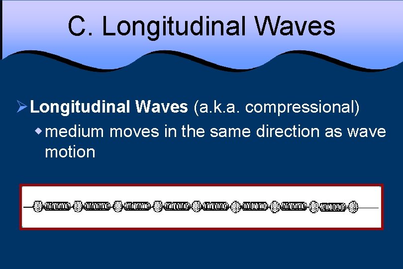 C. Longitudinal Waves ØLongitudinal Waves (a. k. a. compressional) w medium moves in the