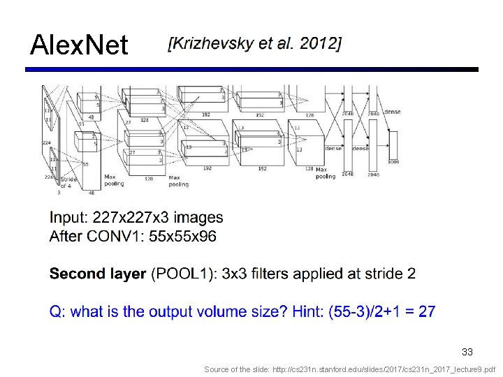 Alex. Net 33 Source of the slide: http: //cs 231 n. stanford. edu/slides/2017/cs 231