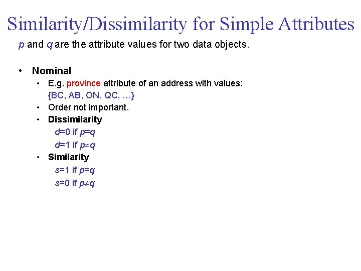 Similarity/Dissimilarity for Simple Attributes p and q are the attribute values for two data Similarity/Dissimilarity for Simple Attributes p and q are the attribute values for two data