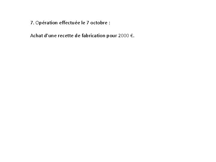 7. Opération effectuée le 7 octobre : Achat d’une recette de fabrication pour 2000