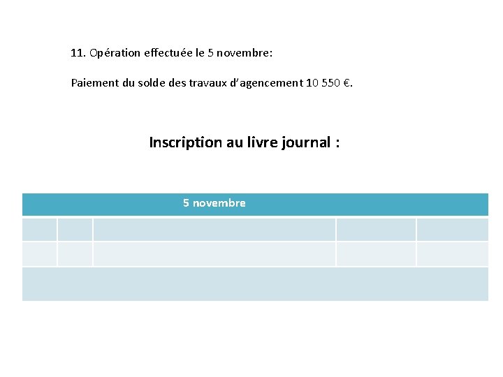 11. Opération effectuée le 5 novembre: Paiement du solde des travaux d’agencement 10 550