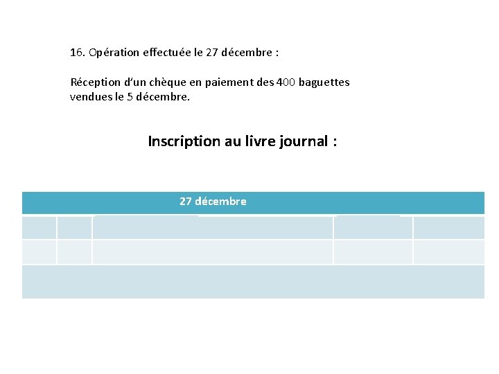 16. Opération effectuée le 27 décembre : Réception d’un chèque en paiement des 400