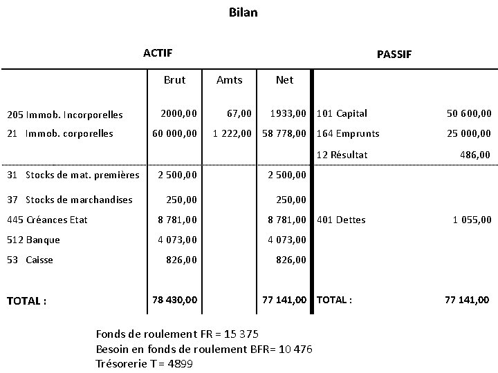 Bilan ACTIF Brut 205 Immob. Incorporelles 21 Immob. corporelles 2000, 00 60 000, 00