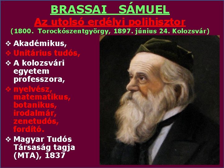 BRASSAI SÁMUEL Az utolsó erdélyi polihisztor (1800. Torockószentgyörgy, 1897. június 24. Kolozsvár) v Akadémikus,