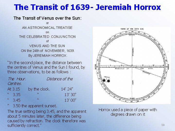 The Transit of 1639 - Jeremiah Horrox The Transit of Venus over the Sun: