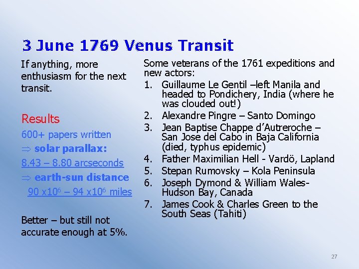 3 June 1769 Venus Transit If anything, more enthusiasm for the next transit. Results