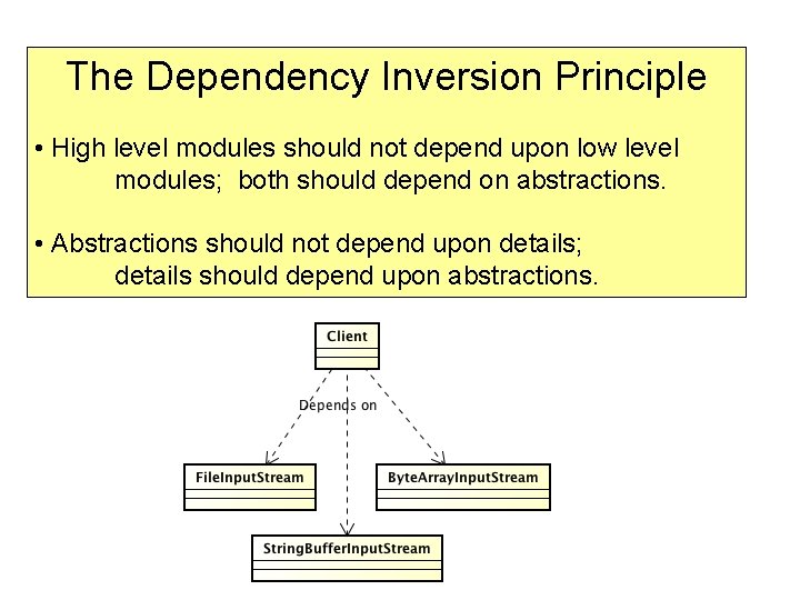 The Dependency Inversion Principle • High level modules should not depend upon low level